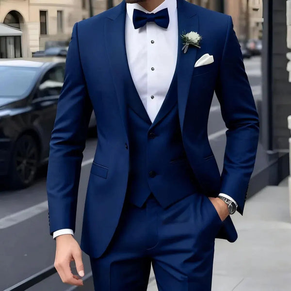 Single-breasted navy suit jacket with subtle button details for elegance.