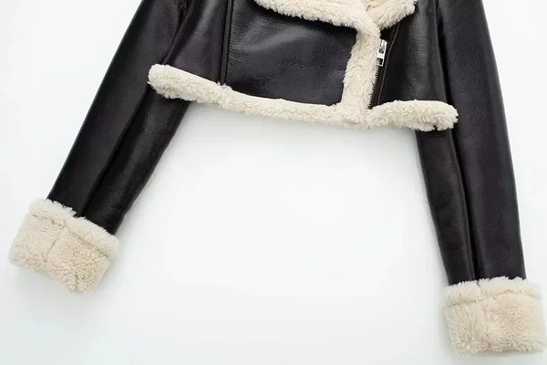 Chic cropped leather and wool blend jacket for women with fur trim, zipper closure, and turn-down collar for autumn and winte