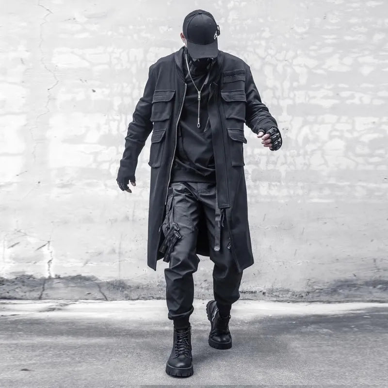 Men's black long trench coat with multi pockets, stylish gothic punk design, perfect for autumn and spring streetwear.