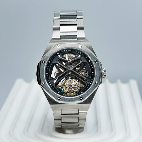 Close-up of the intricate mechanics of the AJUT tourbillon watch.