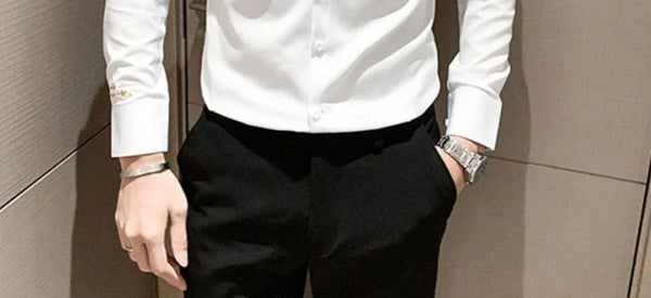 Elegant men's embroidered white long sleeve shirt with turn-down collar, perfect for casual and social events.