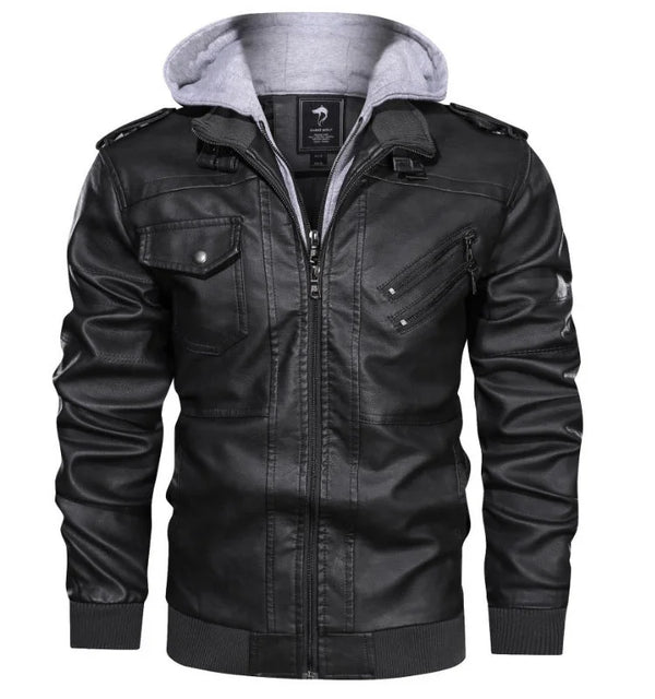 Men's PU leather hooded jacket for autumn and winter, stylish and warm, perfect for casual outings and outdoor adventures.