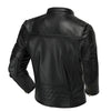 Premium men's leather biker jacket in rich brown with stand collar, crafted from durable first-layer calfskin leather.