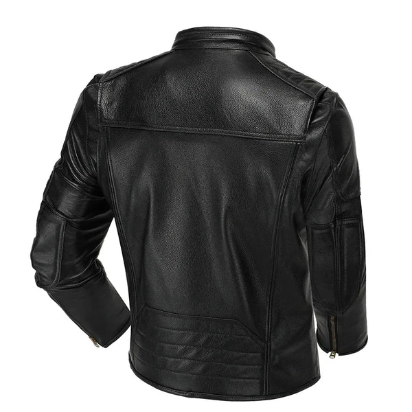 Premium men's leather biker jacket in rich brown with stand collar, crafted from durable first-layer calfskin leather.