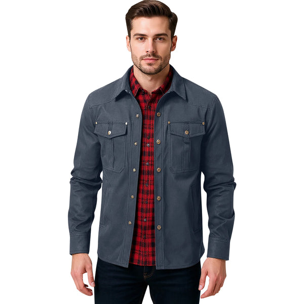 Men's Western Flannel-Lined Casual Jacket with metal buttons, multiple pockets, and soft flannel lining for cool weather comf