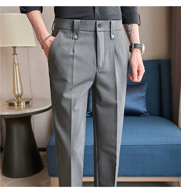 Men's slim fit dress pants in British style with elastic waist, perfect for casual or formal occasions, made from polyester b