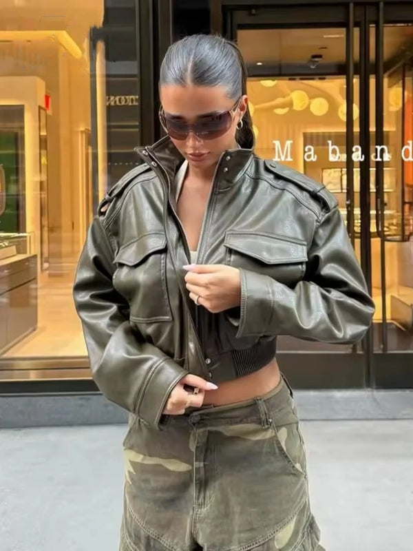 Chic army green faux leather jacket for women with stand collar, loose fit, and functional pockets, perfect for winter style.