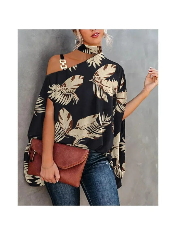 Elegant floral print blouse with batwing sleeves, halter collar, perfect for casual and office wear, made from soft cotton bl