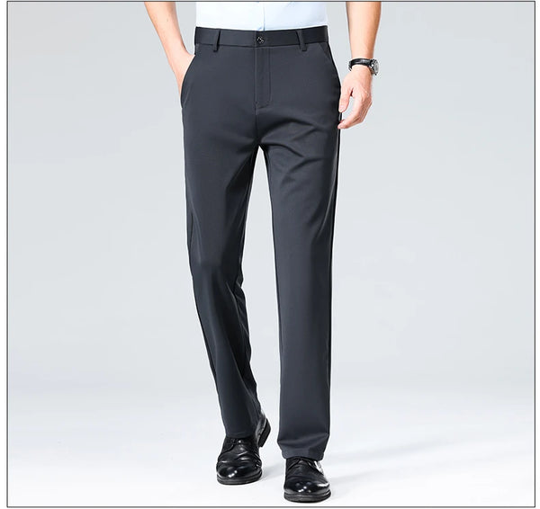 Charcoal gray business pants with flat front styled for morning presentation look