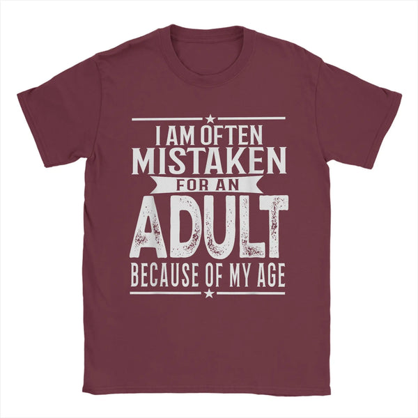 Men's humorous "Mistaken For An Adult" cotton tee, lightweight, breathable, perfect for casual wear and gifts.