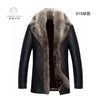 Back view of luxurious men's leather jacket with fur collar.