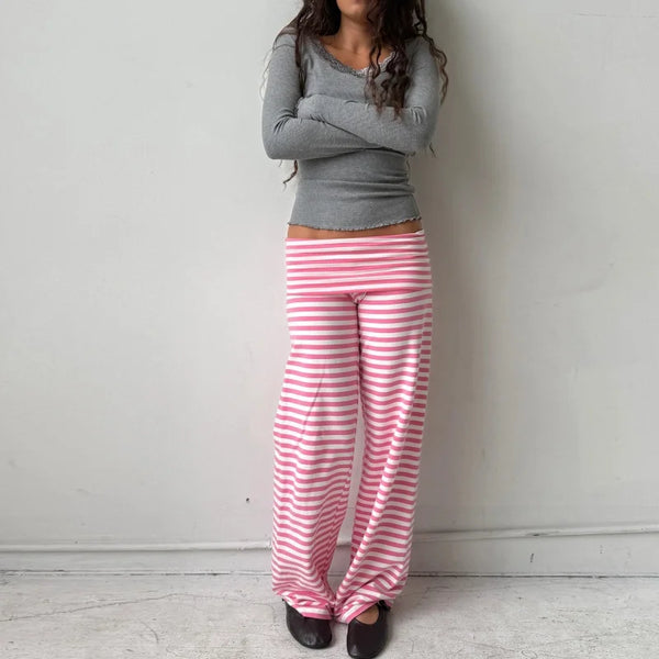 Soft polyester lounge pants featuring classic stripe pattern and loose fit