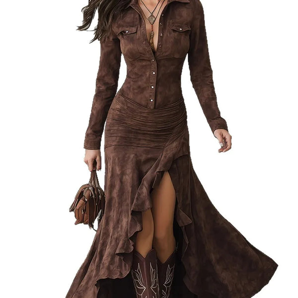 Side view of the Midnight Whisper Long Dress with a strategic slit, perfect for evening outings.