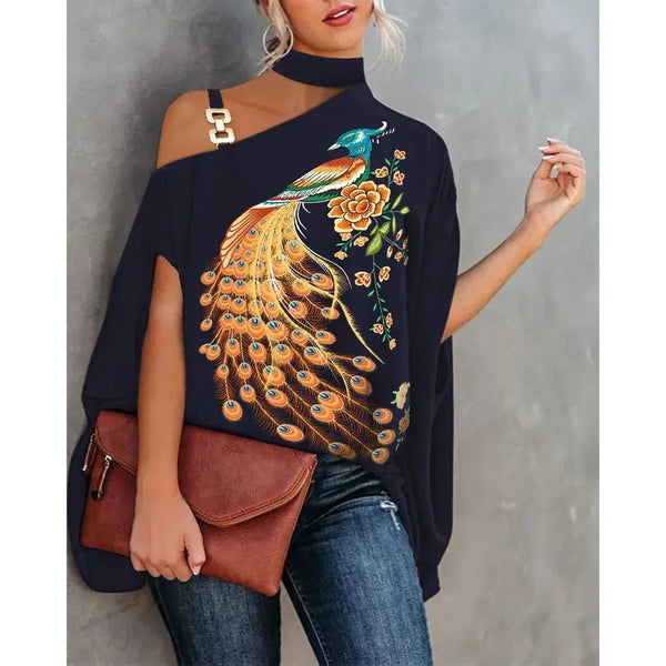 Elegant floral print blouse with batwing sleeves and halter collar, perfect for casual or office wear in all seasons.