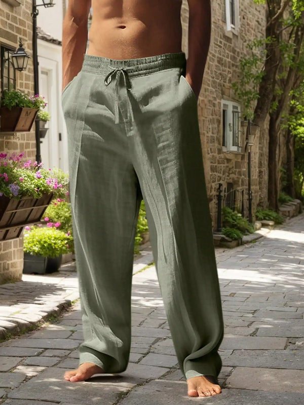 Comfortable khaki linen pants with loose fit and functional pocket details