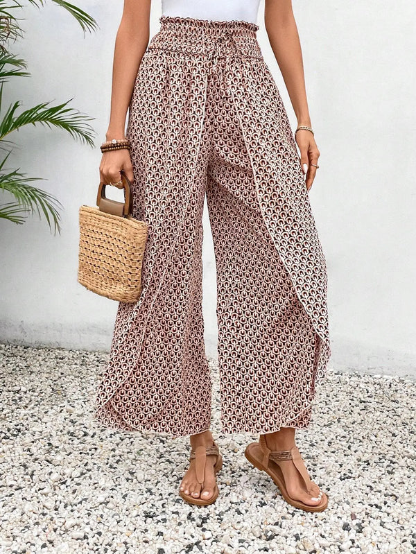Floral wide-leg chiffon pants for women, ankle-length, elastic waist, perfect for summer fashion and casual chic outfits.