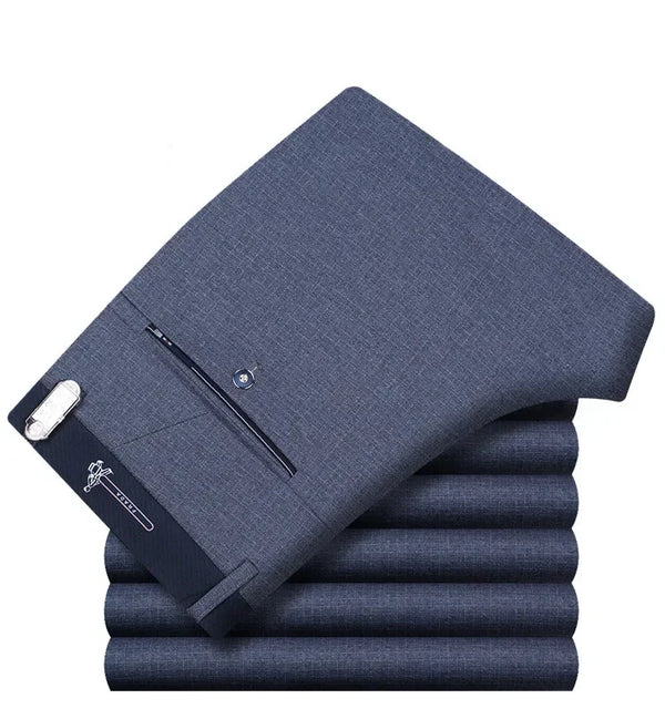 Classic men's dress pants in premium cotton, perfect for business and casual wear with a straight leg and zipper fly closure.