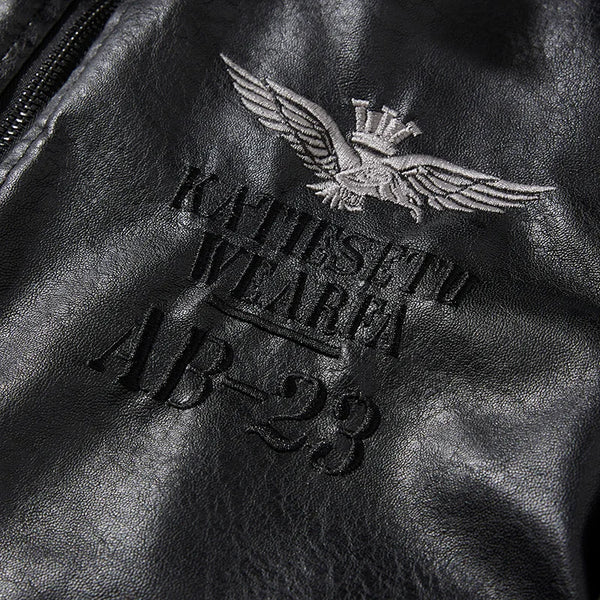 Men's Autumn/Winter Embroidered Leather Biker Jacket with detachable collar, cozy cotton lining, and classic aviator design.