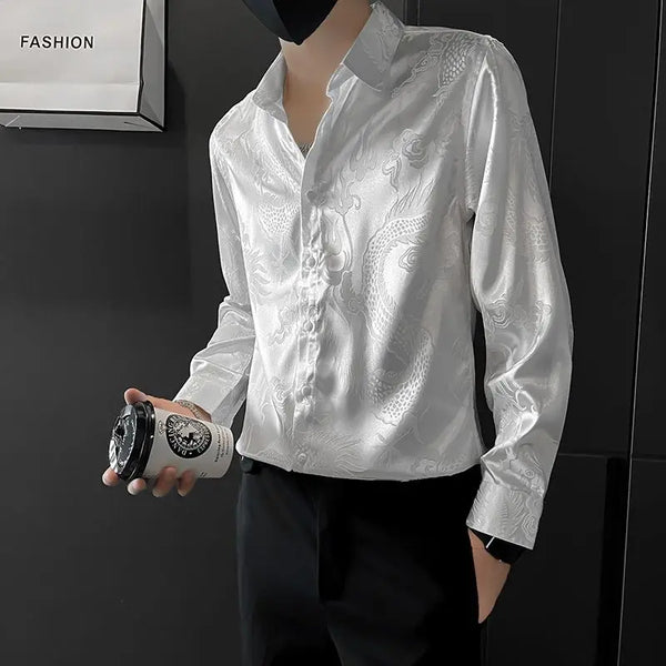 Men's luxury silk blend casual shirt in black with subtle graphic pattern, slim fit, perfect for spring and summer wear.