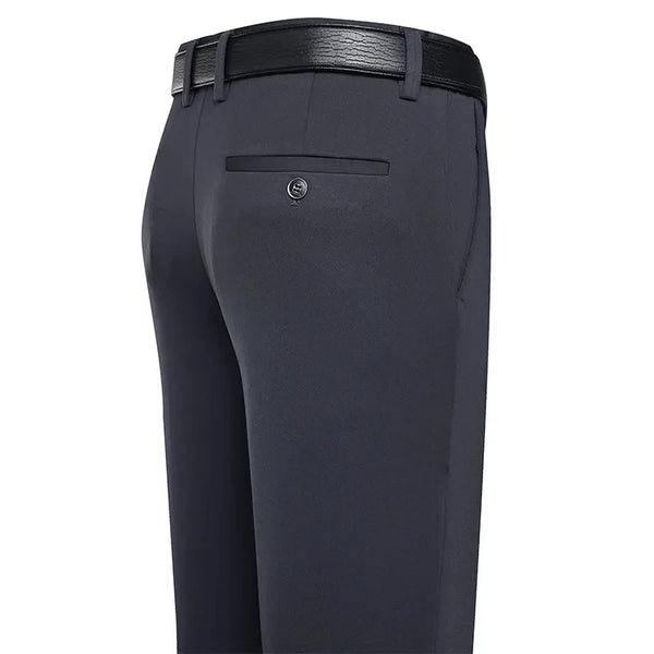 Men's elastic waist trousers with button fly and sleek flat-front styling