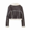 Chic cropped leather and wool blend jacket for women with fur trim, zipper closure, and turn-down collar, perfect for fall an
