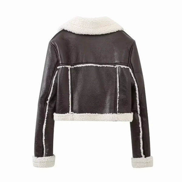 Chic cropped leather and wool blend jacket for women with fur trim, zipper closure, and turn-down collar, perfect for fall an