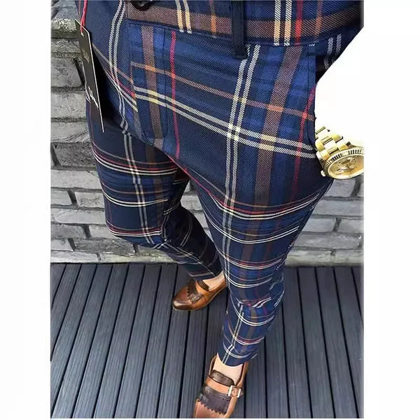 Plaid slim fit suit pants for men, stylish and casual, perfect for autumn and winter, made from premium polyester.