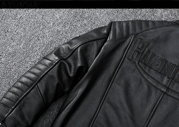 Men's slim fit leather motorcycle jacket in premium cow leather with stand collar and zip closure, perfect for spring and aut