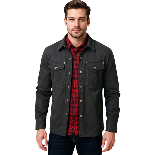 Men's Western Flannel-Lined Casual Jacket with metal buttons, multiple pockets, and cozy flannel lining for cool weather.