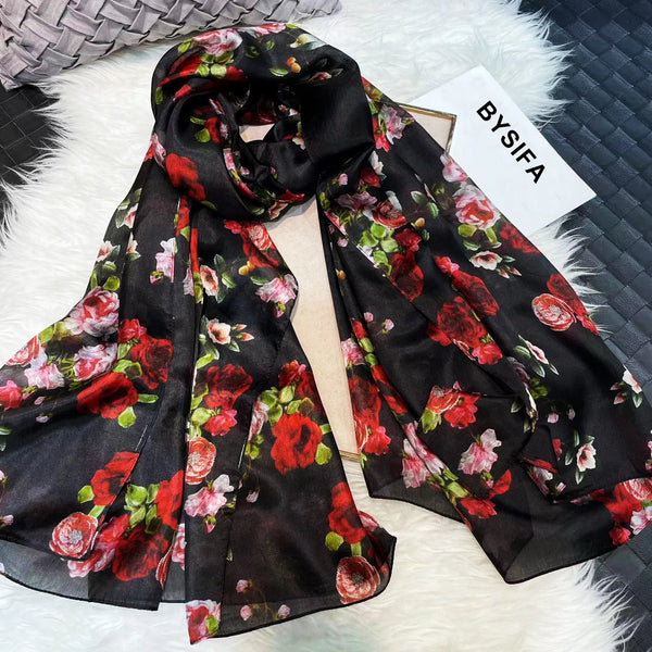 Autumn Whisper silk scarf wrapped around a handbag, adding a stylish accessory touch.