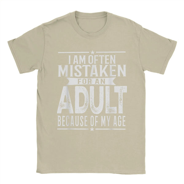Men's humorous "Mistaken For An Adult" cotton tee, lightweight, breathable, relaxed fit, perfect for casual wear and gifts.