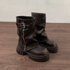 Chic women's mid-calf biker boots with buckle detail, zipper closure, and plush lining for stylish winter comfort.
