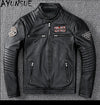 Men's slim fit leather motorcycle jacket in premium cow leather with stand collar and zip closure, perfect for spring and aut