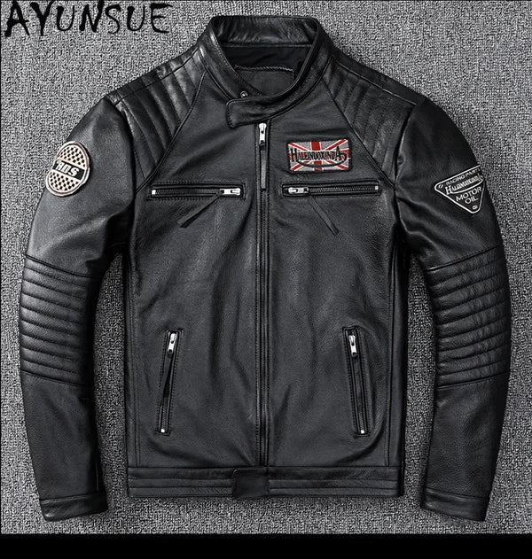 Men's slim fit leather motorcycle jacket in premium cow leather with stand collar and zip closure, perfect for spring and aut