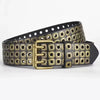 Unisex punk belt with square beads and triple grommets, perfect for edgy fashion and versatile styling for all occasions.