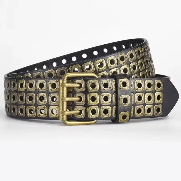 Unisex punk belt with square beads and triple grommets, perfect for edgy fashion and versatile styling for all occasions.