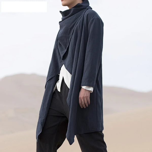 Men's vintage cotton trench jacket with scarf collar in navy, perfect for spring outings and stylish casual wear.
