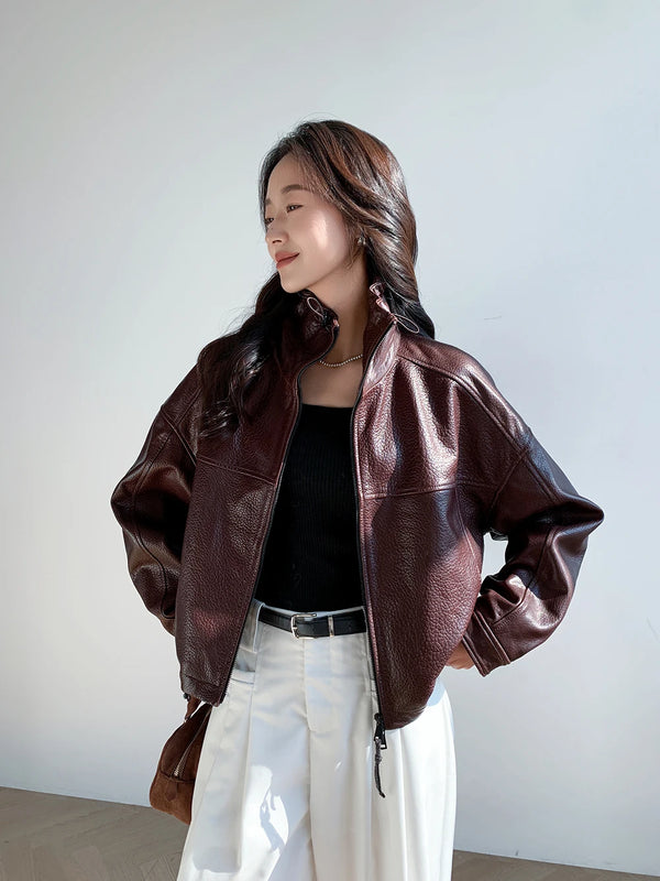 Close-up of the high-end design of the chic vintage leather cropped jacket.
