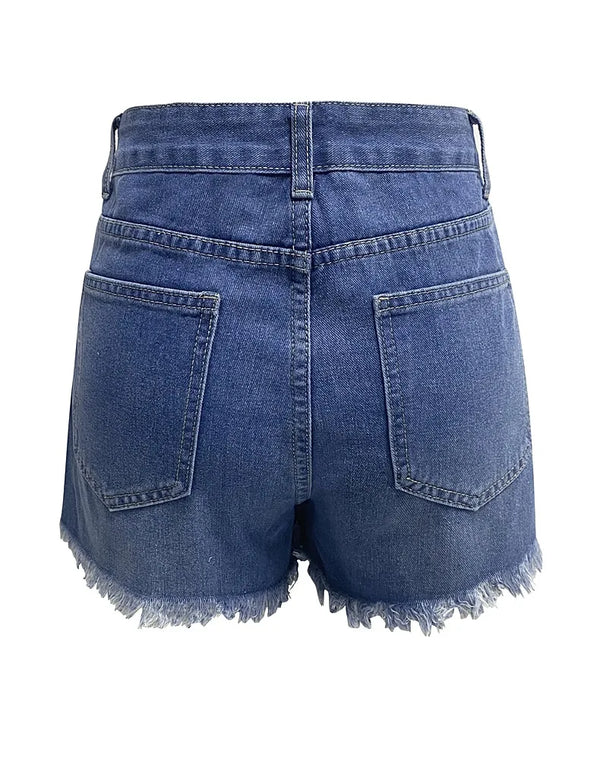 Frayed hem denim shorts in straight leg cut with authentic button fly closure