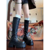 Chic black platform knee-high fashion boots with wedge heel, waterproof design, and bling accents for stylish women.