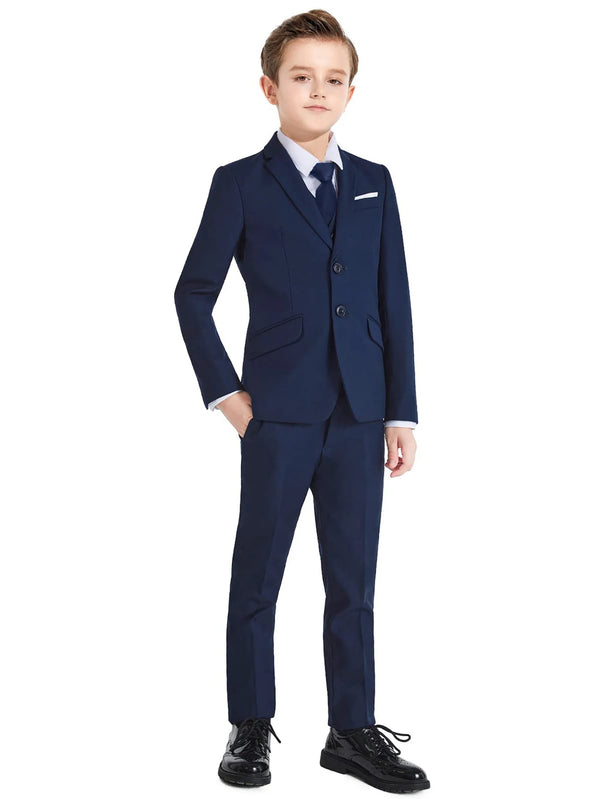 Boys' colorful 5-piece formal suit set worn by a young boy at a school event.