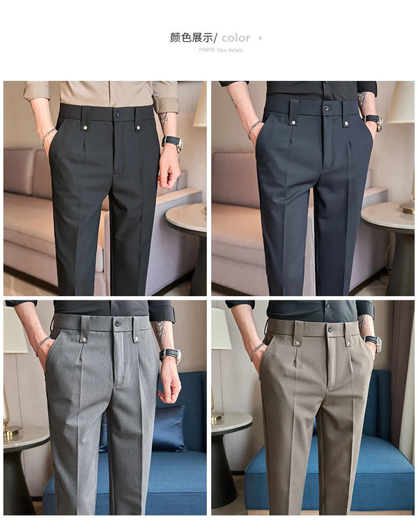 Men's slim fit dress pants in British style with elastic waist, perfect for casual or formal occasions, made from polyester b