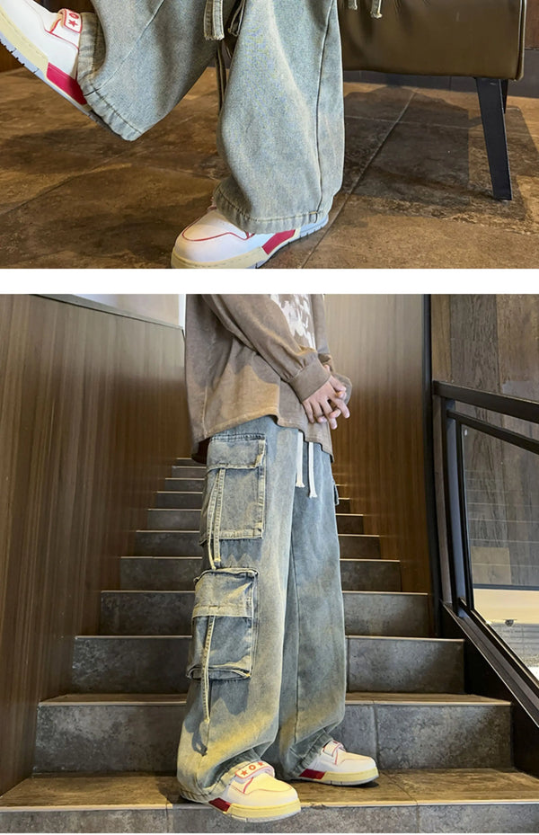 Men's wide-leg hip-hop jeans styled with urban fashion elements.