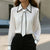 Elegant bow tie blouse for women, slim fit office shirt with turn-down collar, perfect for business and formal events.
