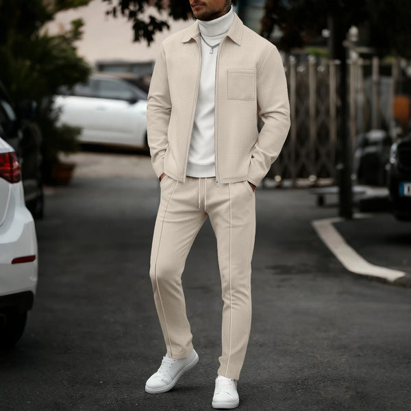 Refined Ease Waffle Knit Pullover and Trousers Set with Zip Collar in neutral tone