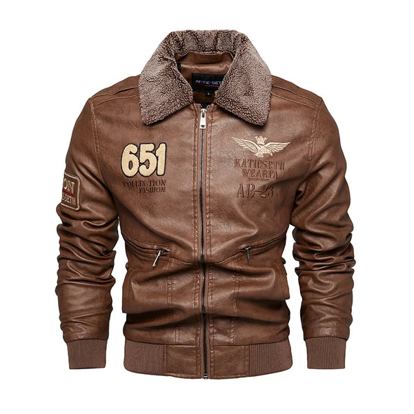 Men's Autumn/Winter Embroidered Leather Biker Jacket with detachable collar, cozy cotton lining, and classic aviator design.
