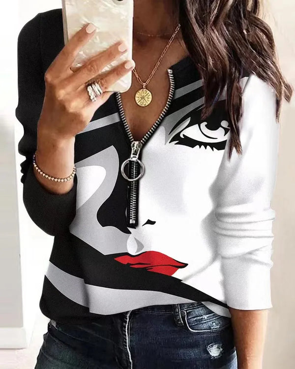 Women's zip-front geometric print blouse in lightweight polyester, stylish V-neck, perfect for office or casual wear.