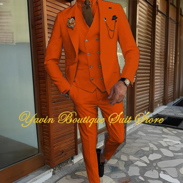 Wedding suit displayed on a mannequin, emphasizing its modern design.