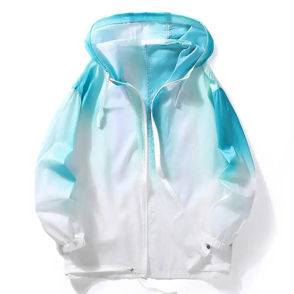 Men's breathable sunscreen windbreaker jacket in urban setting, showcasing waterproof fabric and full-zip closure for outdoor