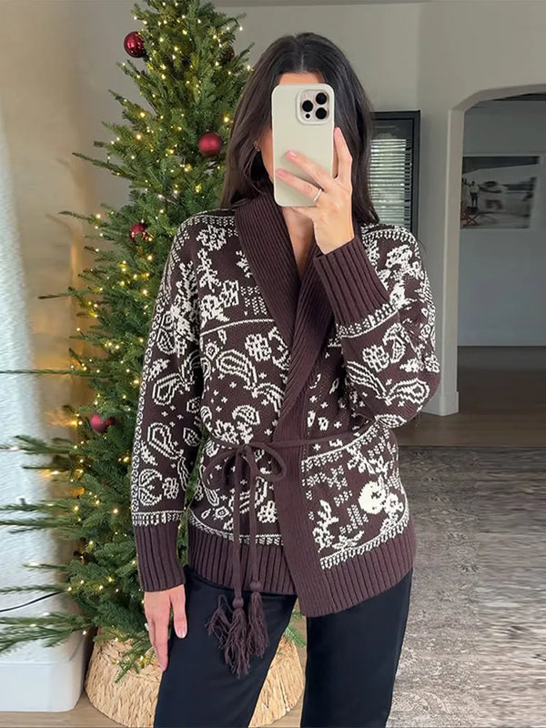 Classic Fair Isle patterned cardigan featuring flattering tie waist detail